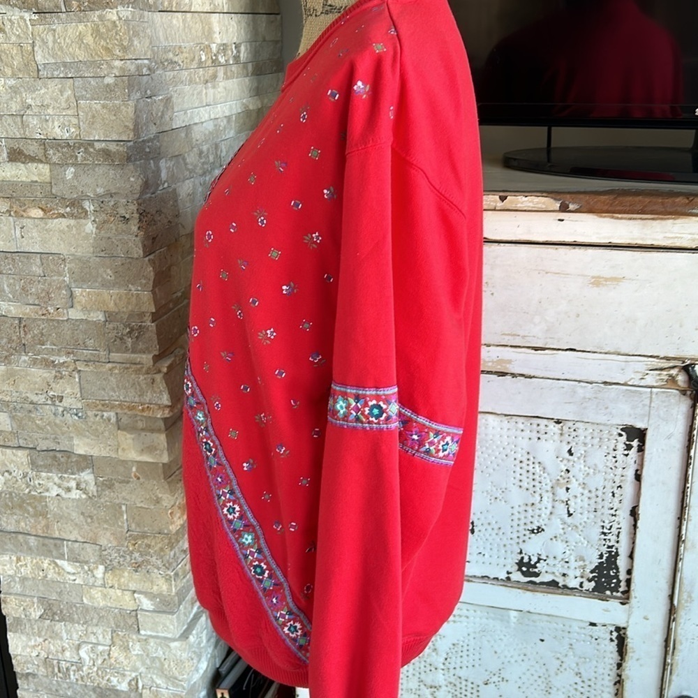 Vintage 80s Blast Blues red crewneck sweatshirt floral ribbon grandma core - Picture 7 of 15